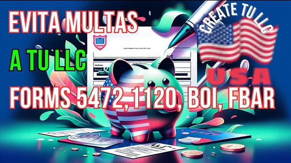 Imagen destacando la importancia de evitar multas para una LLC con formularios fiscales y una alcancía con bandera de EE. UU.